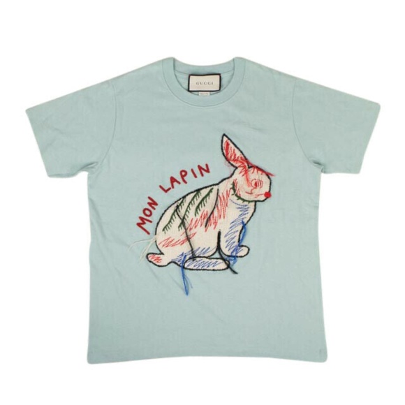 COPY - RARE ! NEW GUCCI GUCCI BLUE COTTON 'MON LAPIN' SHORT SLEEVES T-SHIRT